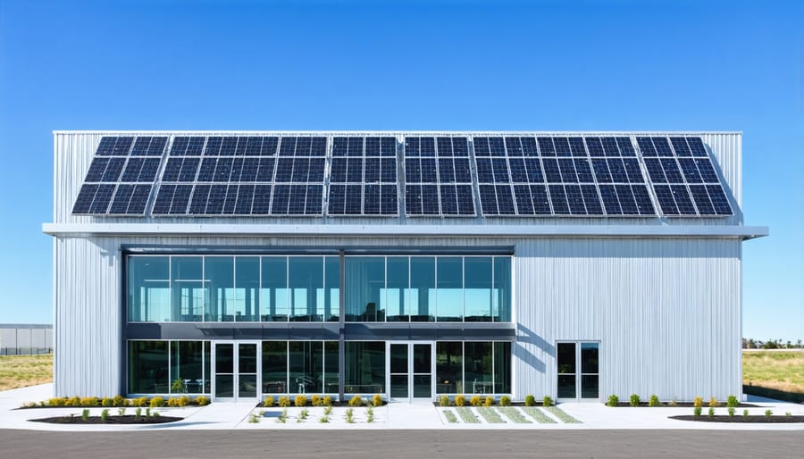 Modern net-zero commercial building with visible solar panels and green building features