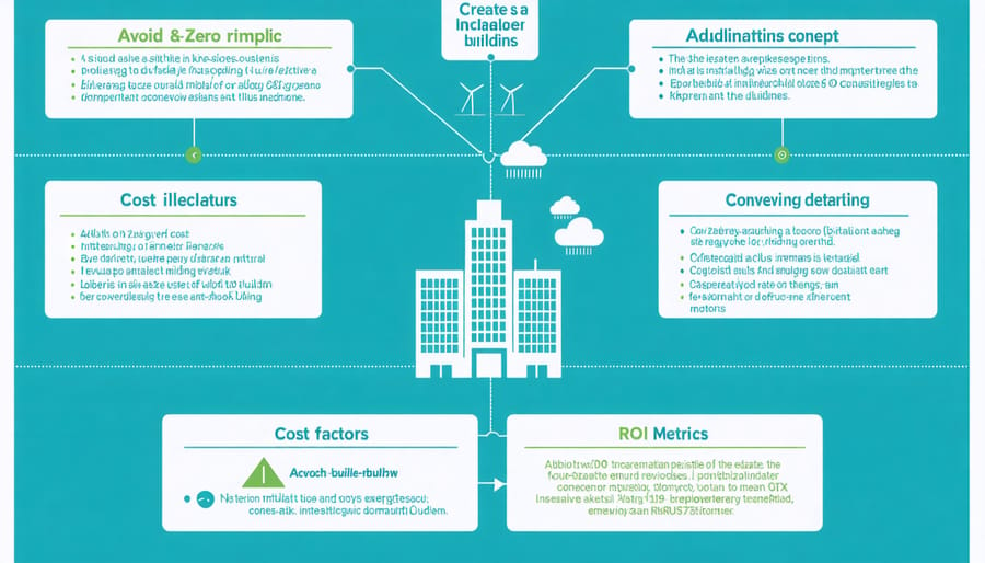 Visual diagram of net-zero energy building components and financial considerations