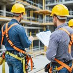 Construction workers on a job site wearing fall protection gear and hard hats, demonstrating compliance with OSHA safety standards amid scaffolding and building structures.