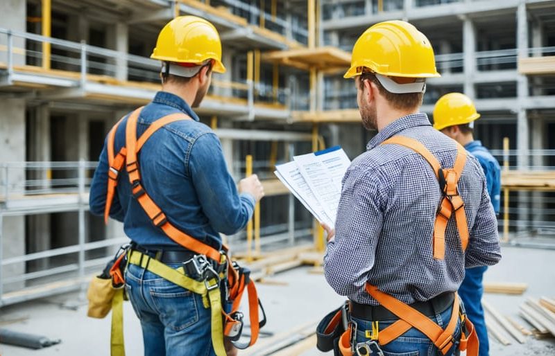 Construction workers on a job site wearing fall protection gear and hard hats, demonstrating compliance with OSHA safety standards amid scaffolding and building structures.