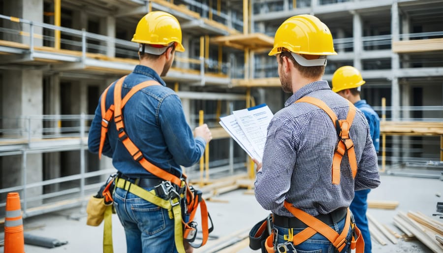 Construction workers on a job site wearing fall protection gear and hard hats, demonstrating compliance with OSHA safety standards amid scaffolding and building structures.