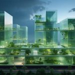 A conceptual depiction of a futuristic city skyline illustrating osmosis construction technology, featuring self-healing building surfaces and illuminated membranes, emphasizing the integration of advanced, sustainable materials in urban environments.