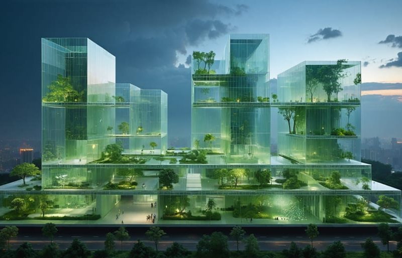 A conceptual depiction of a futuristic city skyline illustrating osmosis construction technology, featuring self-healing building surfaces and illuminated membranes, emphasizing the integration of advanced, sustainable materials in urban environments.