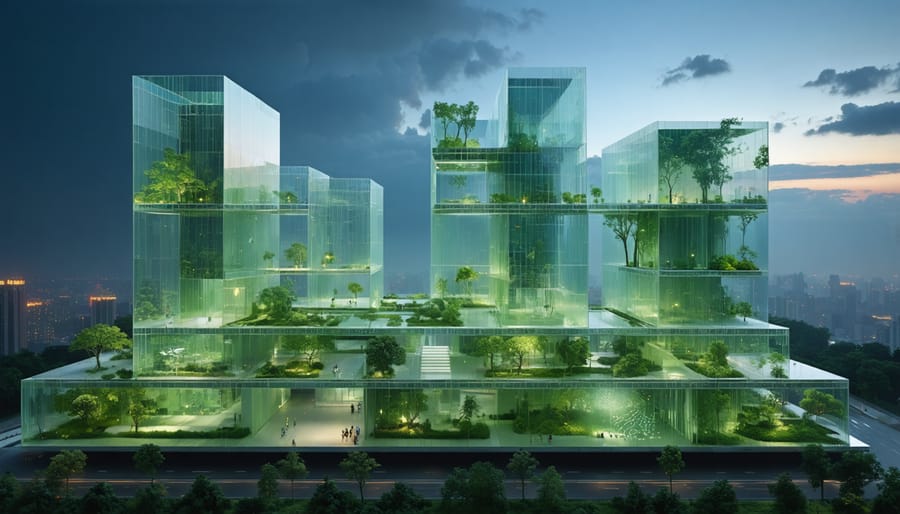 A conceptual depiction of a futuristic city skyline illustrating osmosis construction technology, featuring self-healing building surfaces and illuminated membranes, emphasizing the integration of advanced, sustainable materials in urban environments.