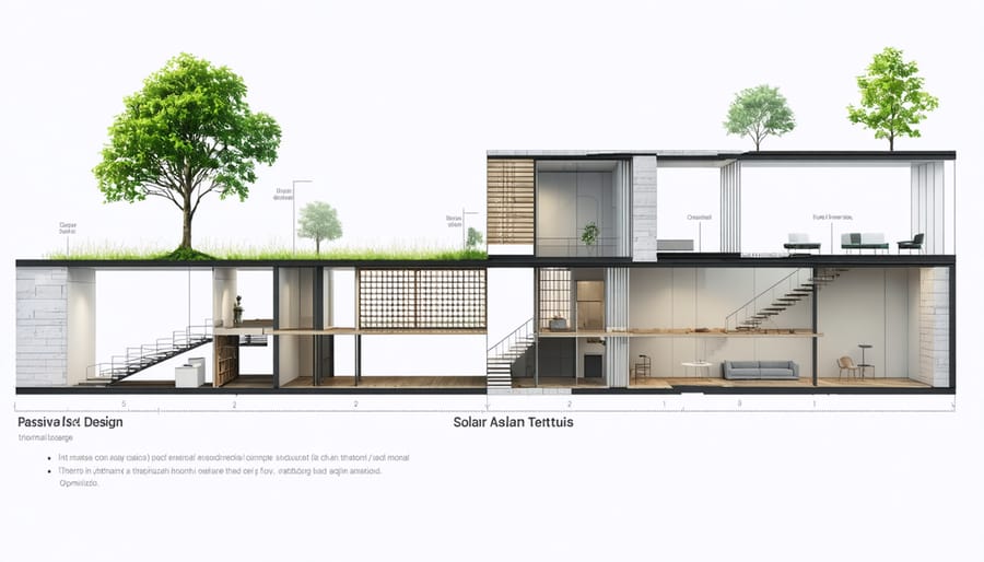 Diagram of building passive design features highlighting thermal mass and natural ventilation systems