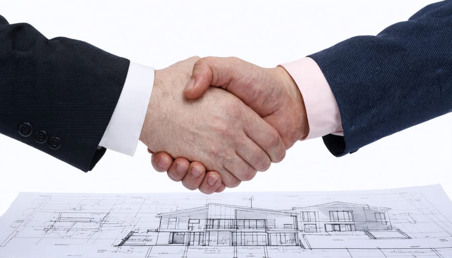 Professional handshake symbolizing public-private partnership agreement with construction plans