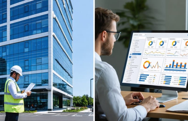 Split image depicting a property manager inspecting a commercial building alongside an asset manager analyzing financial charts, illustrating the complementary roles in maximizing real estate investment value.