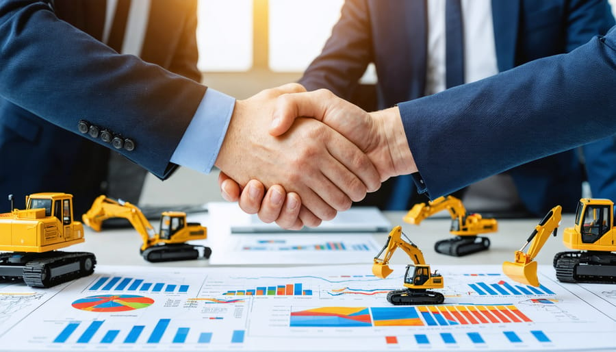 Government official and business executive shaking hands over construction blueprints and digital project management displays, symbolizing a successful public-private partnership.