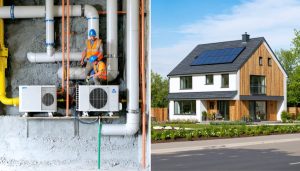 Split image showing a commercial construction site installing a ground source heat pump on one side and a residential home with an air-source heat pump on the other, symbolizing the application of renewable heating technologies in both domestic and non-domestic settings.