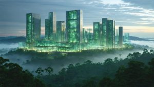 "Futuristic city skyline with buildings made from advanced sustainable materials such as self-healing concrete and transparent structures, surrounded by a green forest, symbolizing innovation and harmony with the environment."