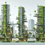 An imaginative cityscape featuring skyscrapers and buildings made from sustainable materials like mycelium bricks and engineered timber, integrated with greenery and solar panels, representing the future of eco-friendly urban development.