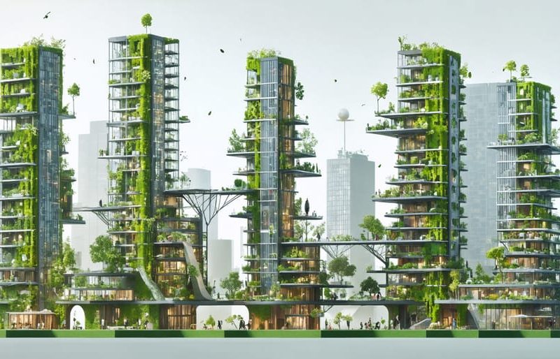 An imaginative cityscape featuring skyscrapers and buildings made from sustainable materials like mycelium bricks and engineered timber, integrated with greenery and solar panels, representing the future of eco-friendly urban development.