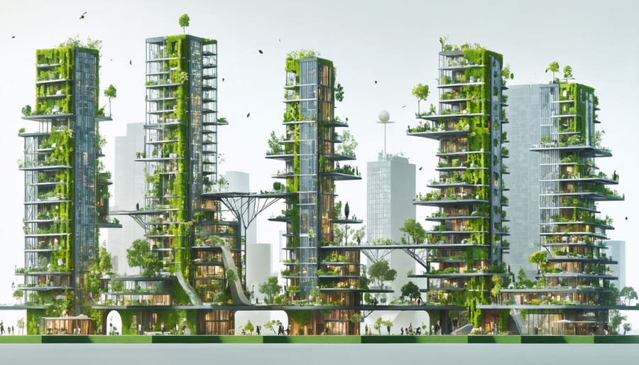 An imaginative cityscape featuring skyscrapers and buildings made from sustainable materials like mycelium bricks and engineered timber, integrated with greenery and solar panels, representing the future of eco-friendly urban development.