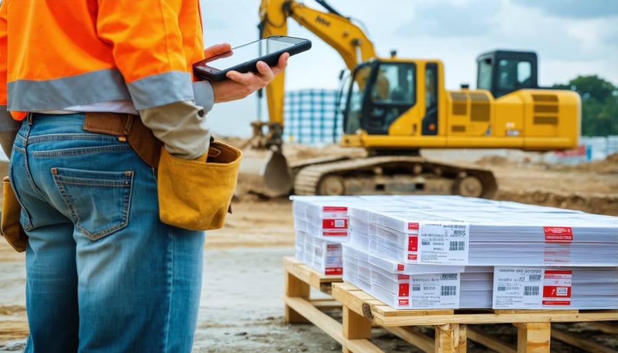 Construction worker using RFID scanner to track inventory items on job site