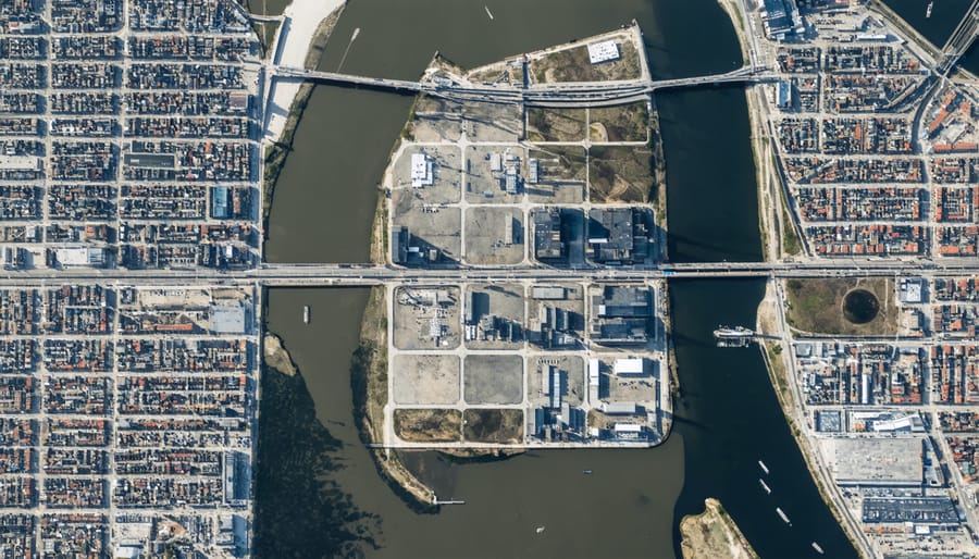 Bird's eye view of Rotterdam's innovative water management infrastructure during both dry and flood conditions