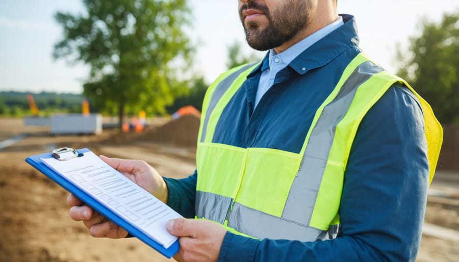 OSHA inspector performing construction site safety audit with digital tablet