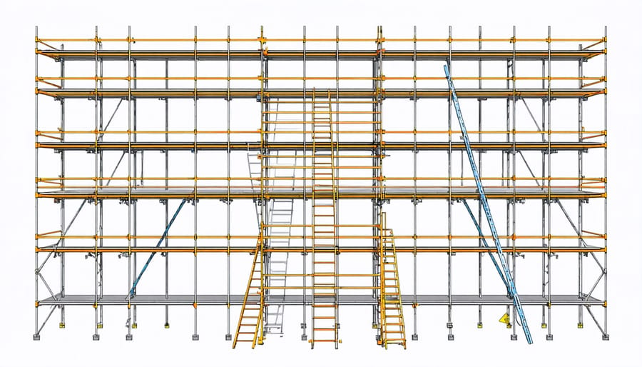 Labeled diagram showing key safety components of a construction scaffold