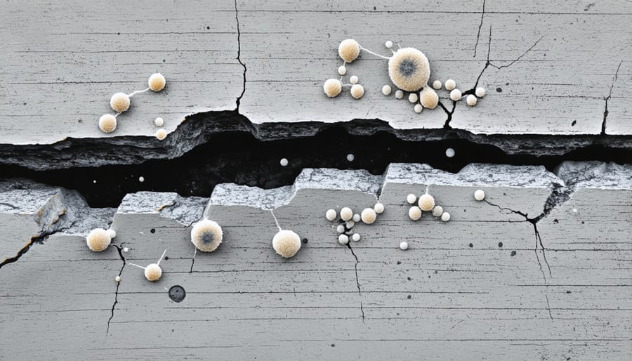 Microscopic image of bacterial spores actively healing cracks in concrete