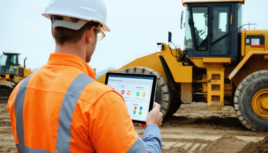 Site manager using AI predictive maintenance software on construction site