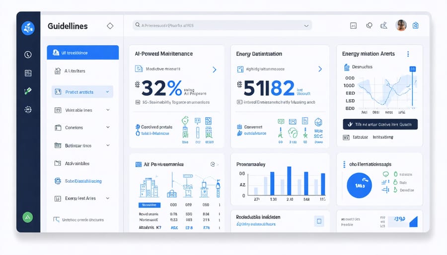 Smart building dashboard displaying AI analytics and sustainability metrics