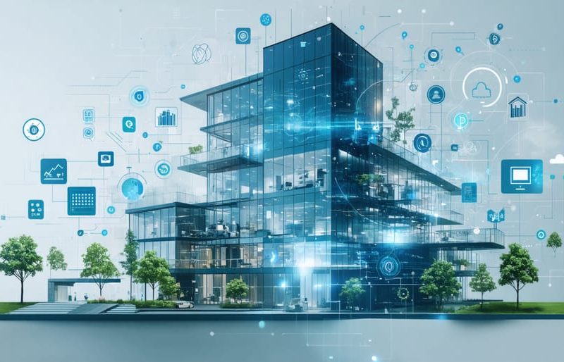 A digital collage depicting various smart building technologies, including IoT sensors, AI HVAC systems, and advanced insulation materials, overlaying a silhouette of a modern building, symbolizing energy efficiency and technological integration.