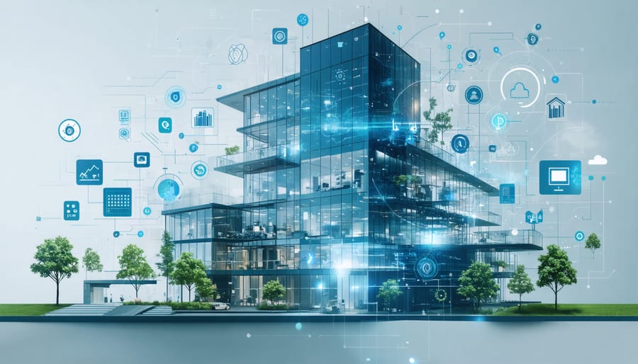 A digital collage depicting various smart building technologies, including IoT sensors, AI HVAC systems, and advanced insulation materials, overlaying a silhouette of a modern building, symbolizing energy efficiency and technological integration.