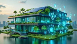 A modern office building with solar panels and green roofs, surrounded by a digital network overlay symbolizing IoT and AI integration for advanced energy management.