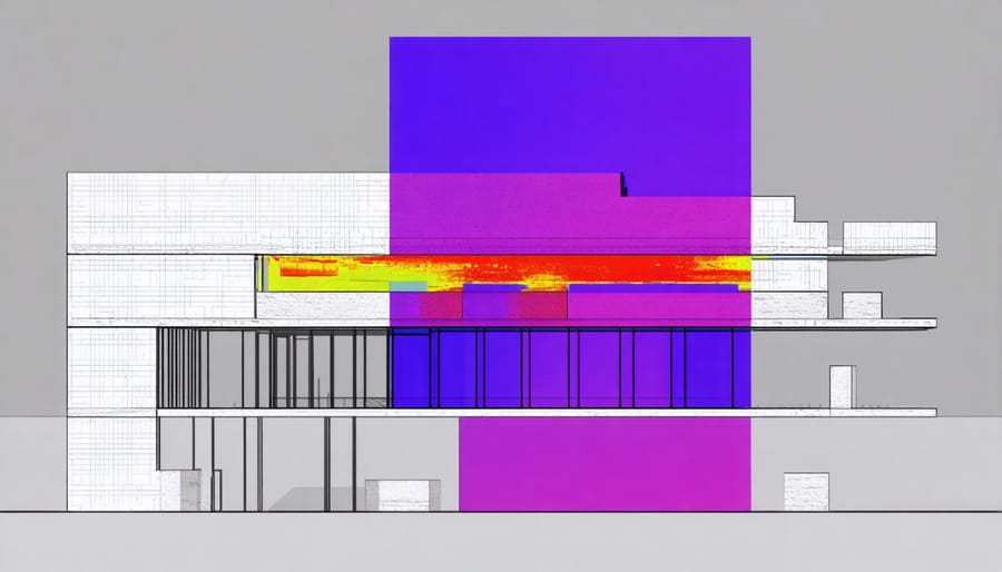 Cross-sectional illustration of advanced building envelope materials including aerogel insulation and phase-change materials with thermal performance visualization