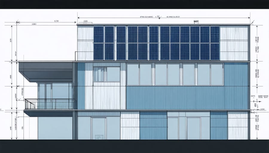 Modern building exterior featuring photovoltaic glass panels and adaptive windows