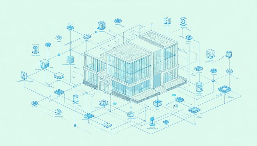 Smart building sensor network diagram with IoT devices and connectivity visualization