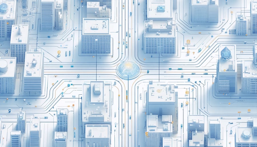 Bird's eye view of modern city infrastructure with overlaid digital network visualization