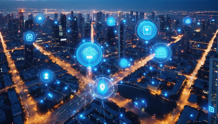 Digital visualization of smart city infrastructure with interconnected networks and IoT devices