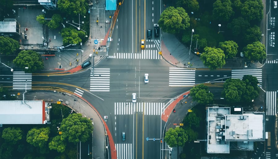 Smart city intersection with visible IoT sensors and connected traffic management systems