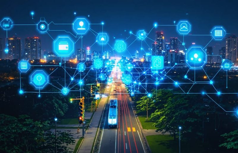 A digitally enhanced cityscape showing interconnected IoT and AI infrastructures optimizing traffic and public transport for sustainable smart mobility.