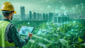 A city skyline transitioning into a sustainable green environment, with construction workers using digital tools like tablets amidst eco-friendly construction sites and green data centers powered by renewable energy.