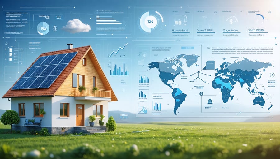 Digital dashboard displaying renewable energy system performance metrics and battery storage levels