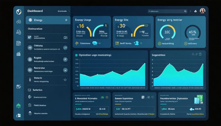 Smart energy management system interface displaying construction site energy data and analytics