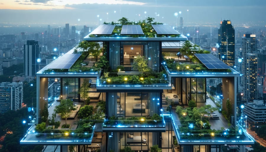 Modern skyscraper featuring solar panels, green roof, and smart glass windows, symbolizing sustainable and intelligent building technologies.