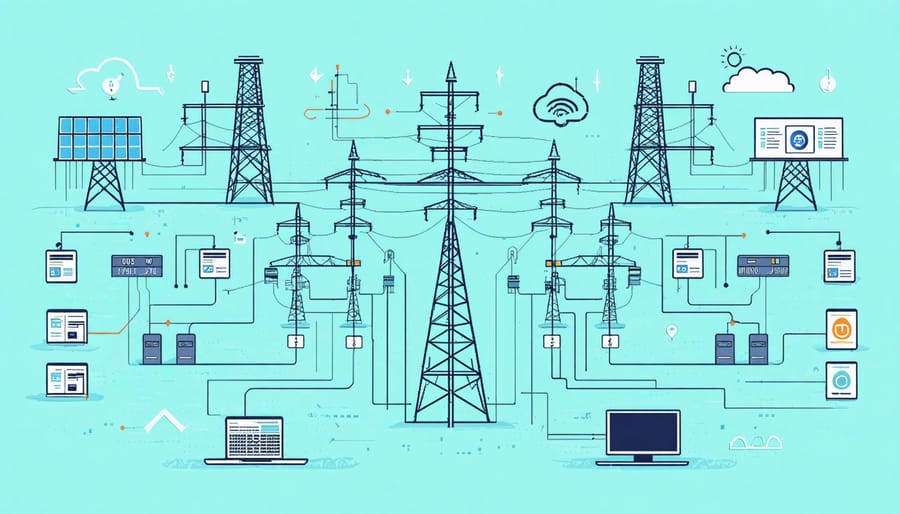 Infographic illustrating the architecture and components of a modern smart grid system