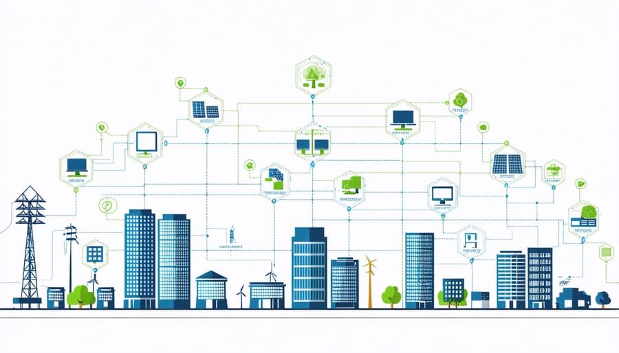 Infographic illustrating smart grid infrastructure and power distribution network