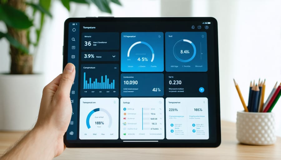 Smart home control interface displaying energy management systems and controls