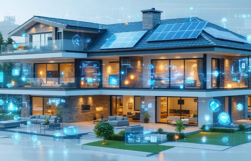 A digital collage showing a smart home with integrated energy management systems, including smart devices, HVAC systems, and solar panels, highlighting modern energy optimization technologies.