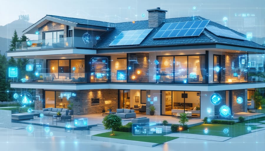 A digital collage showing a smart home with integrated energy management systems, including smart devices, HVAC systems, and solar panels, highlighting modern energy optimization technologies.