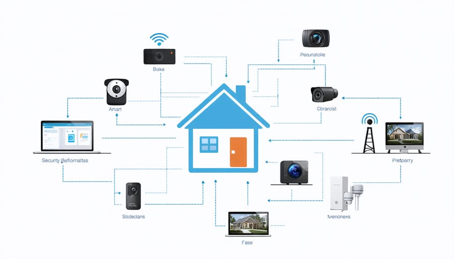 Infographic illustrating how security systems connect with various smart home features