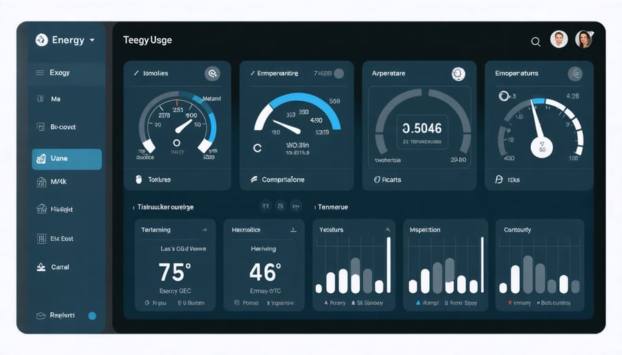 Digital interface of a modern HVAC management system displaying multiple zone controls and energy metrics