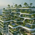 Conceptual depiction of a futuristic urban skyline with eco-friendly skyscrapers featuring green rooftops, solar panels, vertical gardens, and wind turbines, representing smart and sustainable building design.