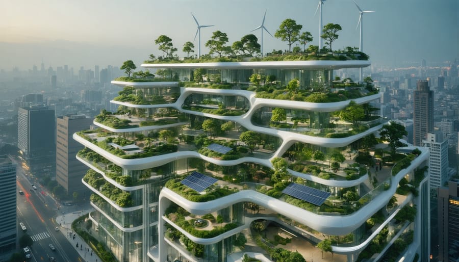 Conceptual depiction of a futuristic urban skyline with eco-friendly skyscrapers featuring green rooftops, solar panels, vertical gardens, and wind turbines, representing smart and sustainable building design.