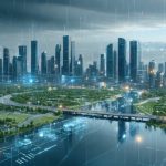 "Futuristic cityscape showcasing advanced water infrastructure with smart sensors, eco-friendly design, and real-time data flow, representing resilience against climate challenges."