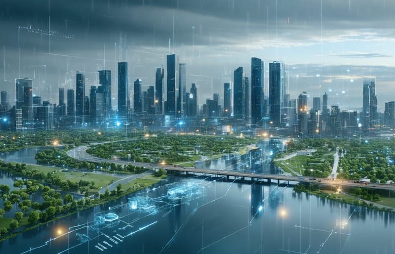 "Futuristic cityscape showcasing advanced water infrastructure with smart sensors, eco-friendly design, and real-time data flow, representing resilience against climate challenges."