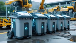 A high-tech construction site with smart waste bins, IoT sensors, and automated sorting machines showcasing advanced waste management technology in an urban setting.